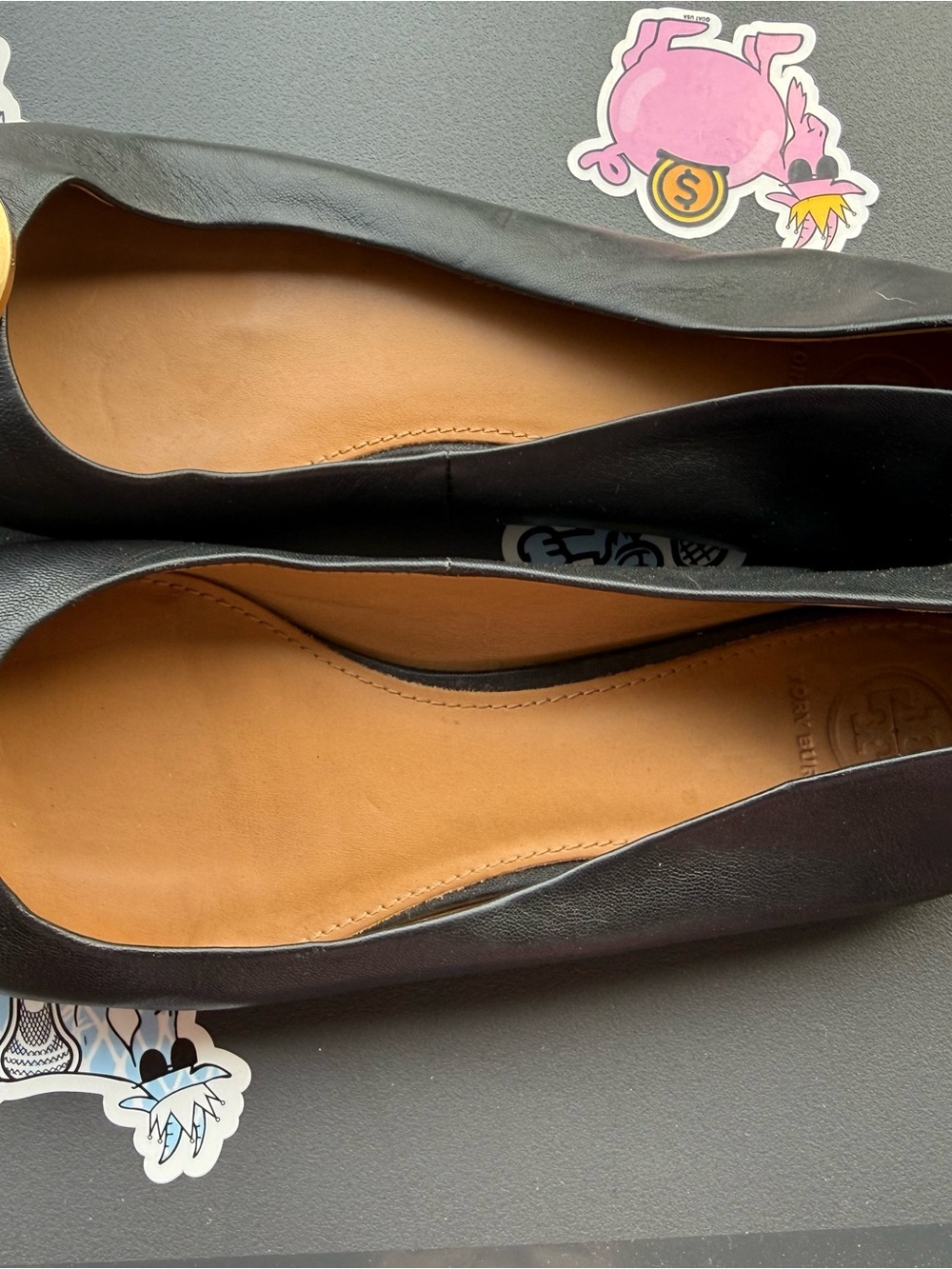 Tory Burch Black Leather Ballet Flats with Tan Insole
